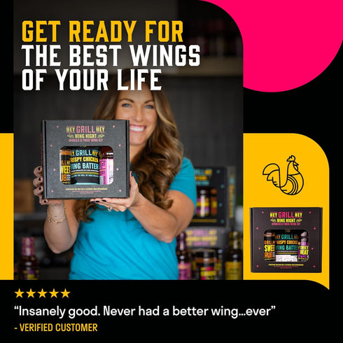 Hey Grill Hey | Chicken Wing Seasoning & Sauce Kit | All-in-one Crispy Batter, BBQ Rub, and Sweet Heat BBQ Sauce | Wing