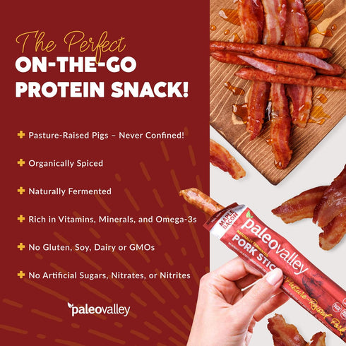 28g 10 Paleovalley Pasture-Raised Pork Sticks - Maple Bacon Flavor Meat Sticks Individually Wrapped, - Sticks