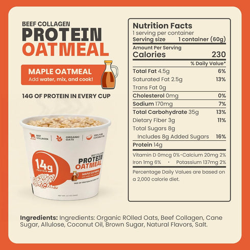 12 Pack 14g Beef Collagen Protein Breakfast Instant Protein Maple Oatmeal with Protein, Beef Collagen, Seed Oil Free