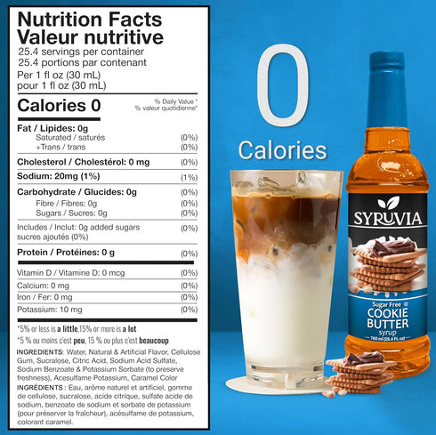 25.4 oz. 0 Syruvia Sugar-Free Cookie Butter & Sugar-Free Pistachio Syrup - fl Premium Coffee Flavoring Syrup. Calories