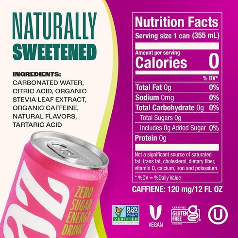 Pack, 12 oz (12-Pack) Zevia Zero Sugar Energy Drink, Fruity Fuel Variety Cans Naturally Sweetened, Non-GMO Project