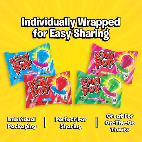 Pack- 50 Count Ring Pop Lollipops - Bulk Candy Individually Wrapped Suckers Variety Party w/Assorted Flavors - Hard