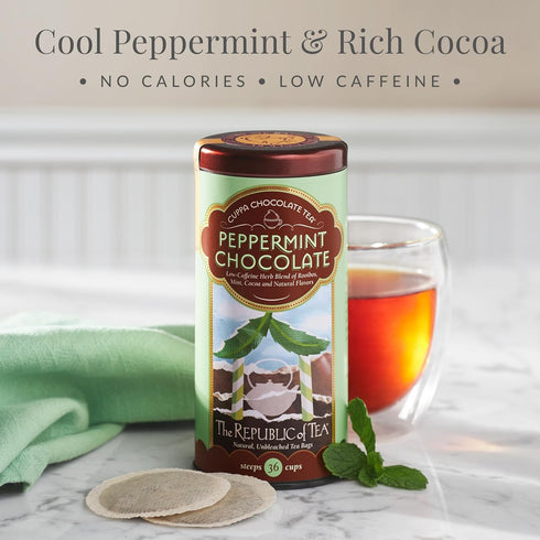 Pack 100 The Republic of Tea Peppermint Cuppa Chocolate Tea Bags, Low-Caffeine, Refill of Tea Bags