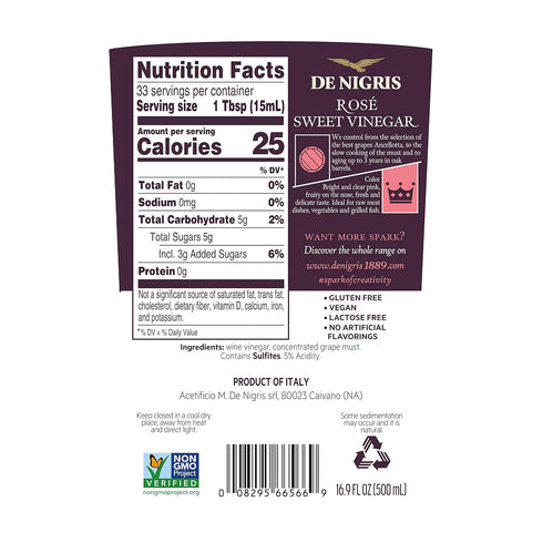 16,9 Oz (500ml) De Nigris Sweet Ros Wine Balsamic Vinegar Of Modena | Red Wine Vinegar Sweet And Sour Condiment