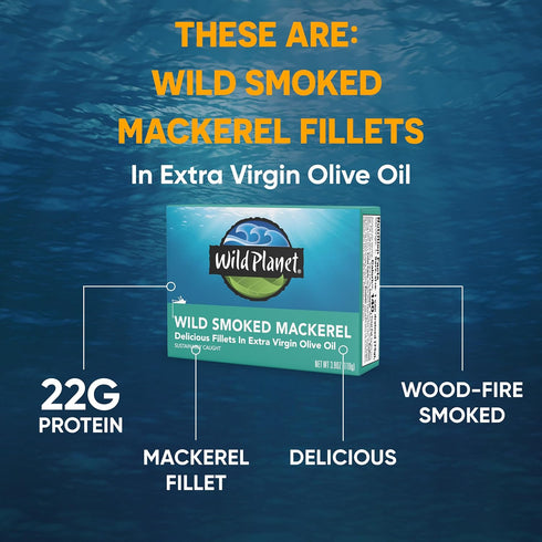 3.9 oz (Pack 1) Wild Planet Wild Smoked Mackerel Fillets in Extra Virgin Olive Oil, Tinned Fish, Canned Salmon