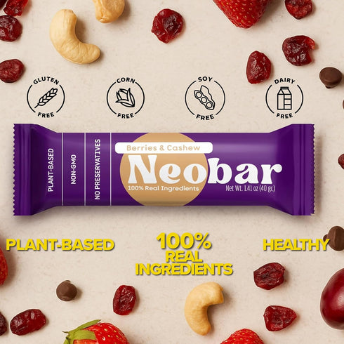 12 Count NEOBAR Berries Cashew Fruit and Nut Bars - Plant-Based Vegan Snack Bars, Gluten Free Dairy Free Snacks, No