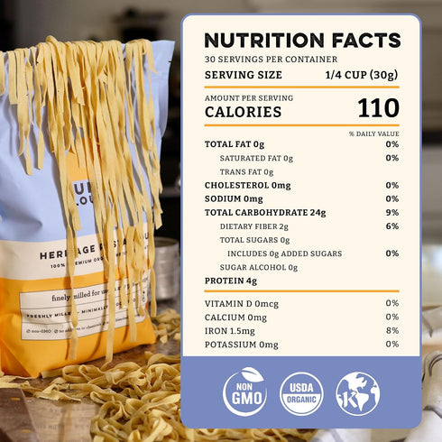 2 lbs Sunrise Flour Mill USDA Organic Heritage Pasta Flour - | Milled from Hard Red Wheat | Easier to Digest with Less