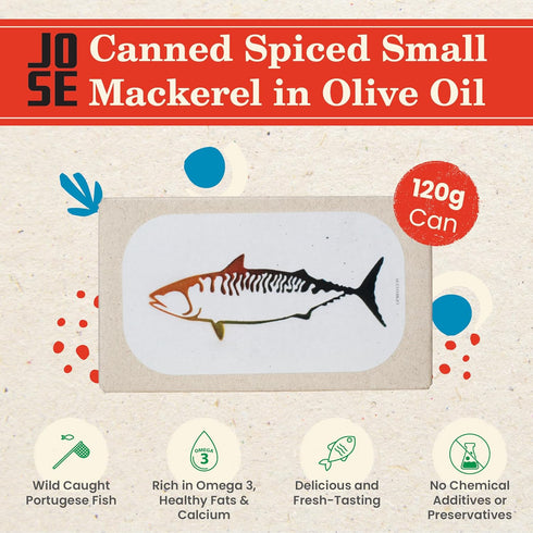 3, 120g Pack 3 Canned Spiced Small Mackerel in Olive Oil by Jose Gourmet, Wild Caught Portuguese Mackerel, Tinned Fish