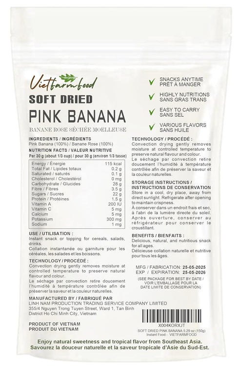 5.29oz (150g) SOFT DRIED PINK BANANA VIETFARMFOOD: Convection dried fruit, pure natural sweetness without sugar, soft