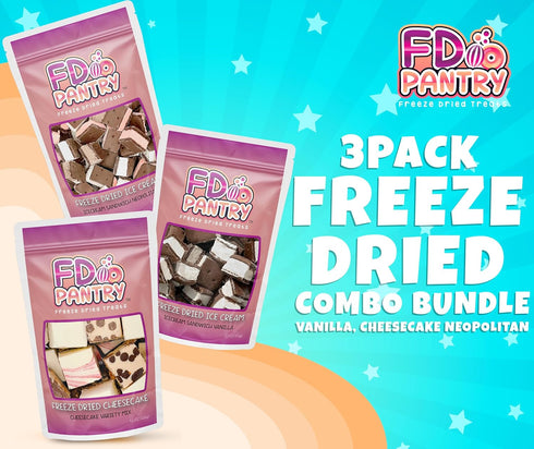 (3 Pack) Freeze Dried Cheesecake Bites & Ice Cream Sandwich Bites - New York Style, Neapolitan, and Vanilla - Crunchy