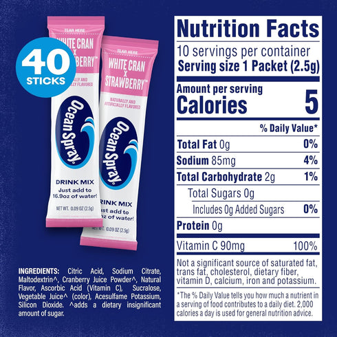 Packets 100% (40ct) Ocean Spray White Cran-Strawberry Zero Sugar Powder Drink Mix with Real Cranberry Juice Powder