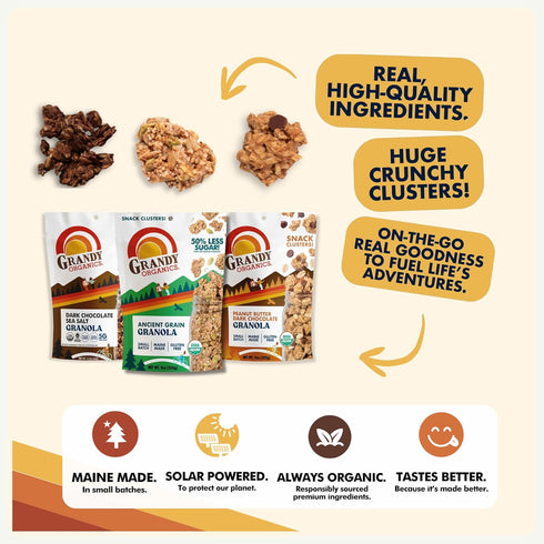 Pack Pack 3 Grandy Organics Variety - Ancient Grain, Peanut Butter & Dark Chocolate, and Dark Chocolate Sea Salt