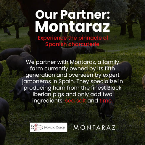 100% 2.5oz, Nordic Catch Montaraz Jamn de Cebo de Campo- Hand-Carved Green Label Deli Meat Ham Slices, Ibrico Pork, Dry