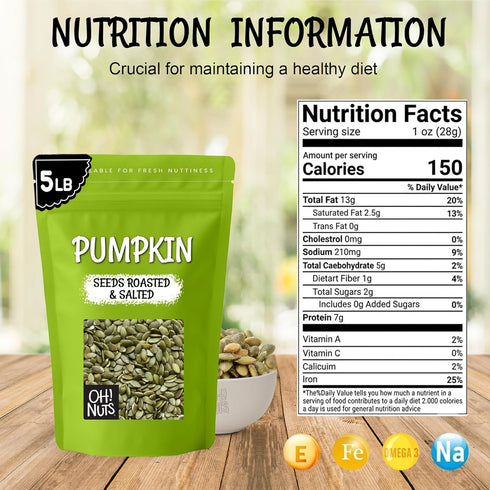 5 lb Packed Oh! Nuts Pumpkin Seed Roasted & Salted - Bulk Bag - No Shell Pumpkin Seeds - Roasted Seeds - Pepitas Snack