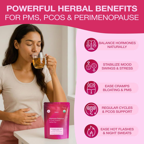 Organic Hormone Balance Tea for Women Raspberry Leaf, Vitex & Tulsi Herbal Hormone Balance Tea for PMS, PCOS