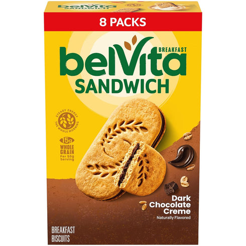 belVita Breakfast Bar Biscuit Sandwiches, Dark Chocolate Creme, 8 Packs (2 Biscuits