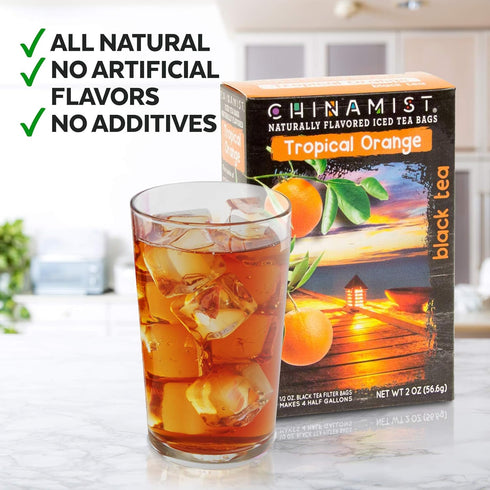 China Mist Tropical Orange Black Tea Infusion – Iced Tea – 4 Bags – Each Tea Bag Yields 1/2 Gallon – Refreshing.