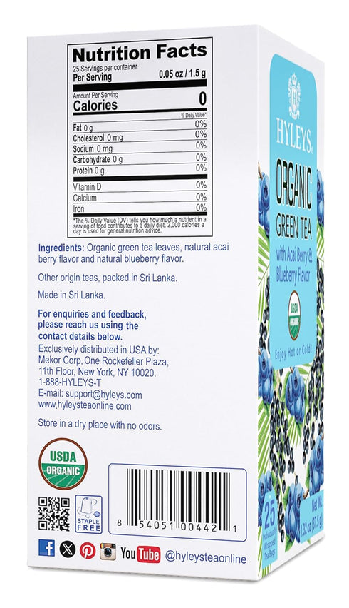 Hyleys Organic Green Tea Acai Berry and Blueberry Flavor - 25 Bags Tea