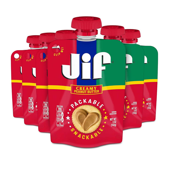 Jif Portable Squeeze Creamy Peanut Butter, 5 oz. Resealable Pouch, 6 count