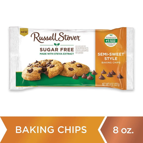 8 oz. Russell Stover Sugar Free Semi-Sweet Baking Chips, Bag, Brown