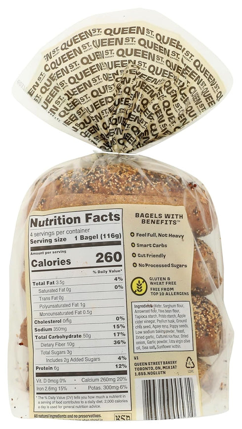 Queen St. Bakery 4 Count Everything Superfood Bagels Vegan, Protein & Fibre, Gluten-Free, Allergen Free Bagels