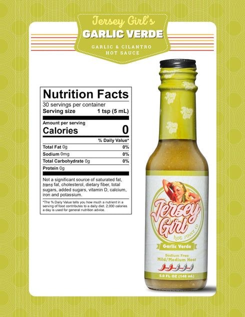 Jersey Girl Hot Sauce - Garlic Verde - No Added Salt - Naturally Sodium Free All-Natural Healthy Ingredients