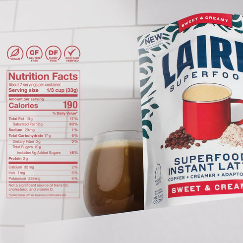100% 8 oz. Pack 1 Laird Superfood Instant Latte Arabica Coffee Sweet & Creamy, Non-Dairy, Superfood Creamer, Gluten
