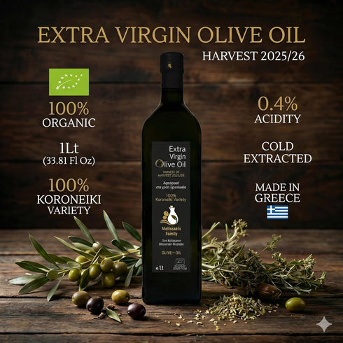 Melissakis Family 1Lt(33.81 Oz) Certified ORGANIC Extra Virgin Olive Oil Fl from Crete, Greece Cold Extracted