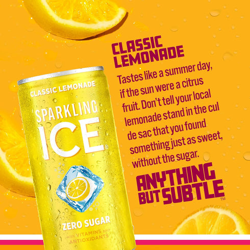 7.5 oz (Pack 10) Sparkling Ice Classic Lemonade Sparkling Water, with Antioxidants and Vitamins, Zero Sugar, fl Mini