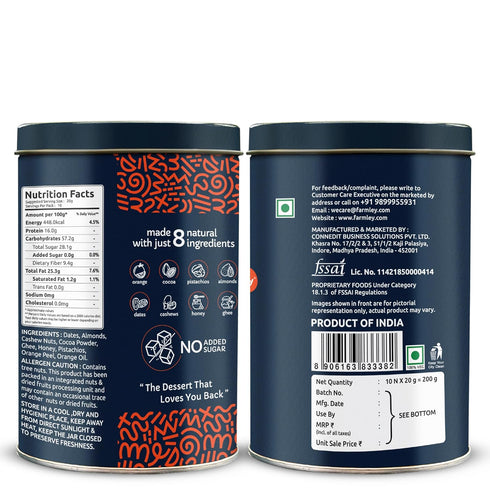 Farmley 200 (Pack 10, 7.05 Oz) Date Bites Protein Bars Dark Choco Orange | Energy Bars with No Added Sugar | Dry
