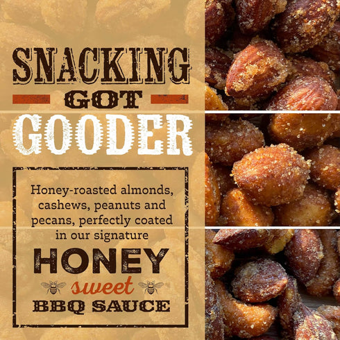 Pack 9 oz (Pack 3) Rufus Teague BBQ Nut Variety Smoky, Sweet & Crunchy Honey Roasted Nuts Almonds, Peanuts, Cashews