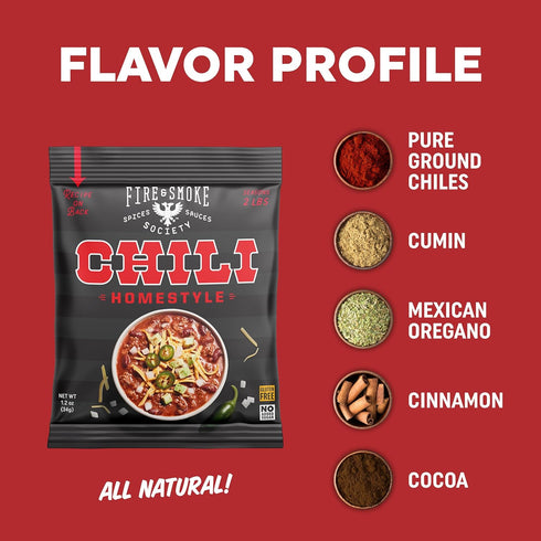 Packets 1.2 oz (12-Pack) Fire & Smoke Society Homestyle Chili Mix | Chili Seasoning |