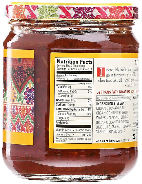 14.7 Oz Amy's Salsa, Mild Salsa, Made With Organic Tomatoes, Gluten Free, Vegan Snacks