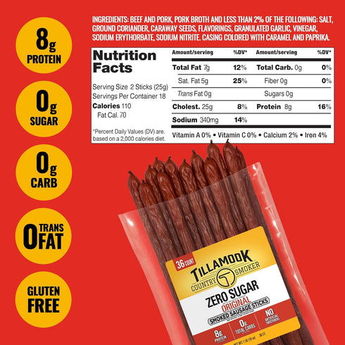 Country 16 (36 Count Tillamook Smoker Smoked Sausage, Zero Sugar, Original, Ounce Meat Sticks) Real Hardwood Smoked