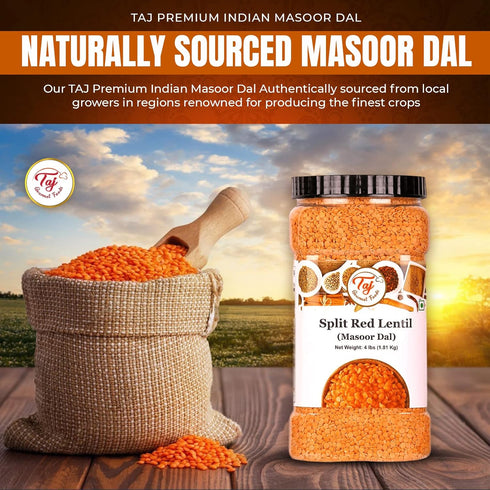 TAJ Gourmet Foods (4-Pounds) TAJ Premium Indian Masoor Dal, Red Lentils