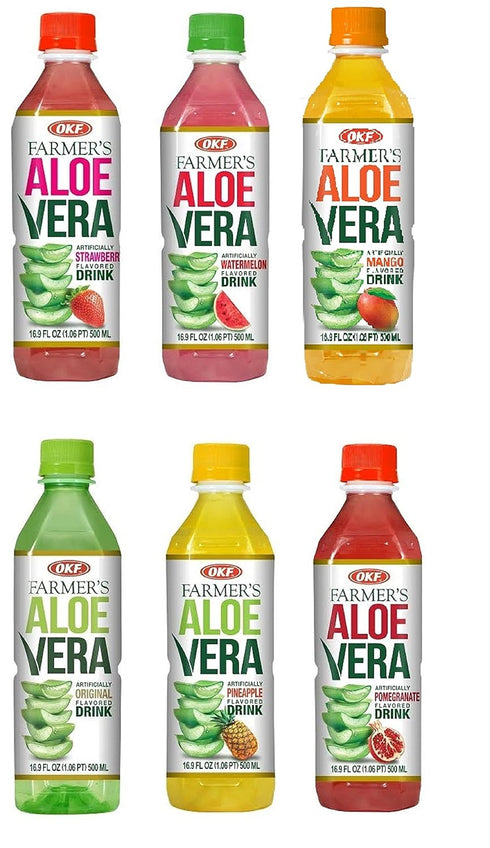Pack Strawberry.(6 Pack, 12 Pack) OKF Farmer's Aloe Vera Drink with Pulp Variety includes Original, Pineapple, Mango