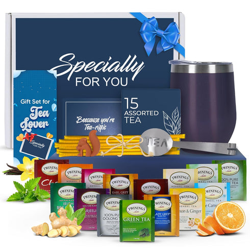 Tea Gifts for Women Sampler Gift Basket with 15 Unique Blends, Honey