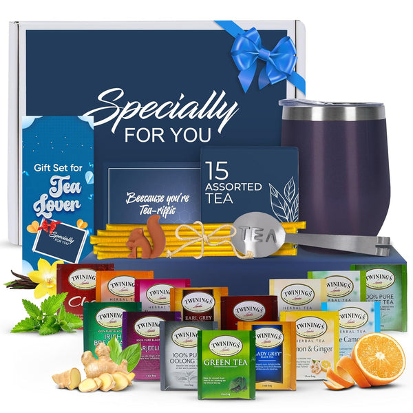Tea Gifts for Women Sampler Gift Basket with 15 Unique Blends, Honey
