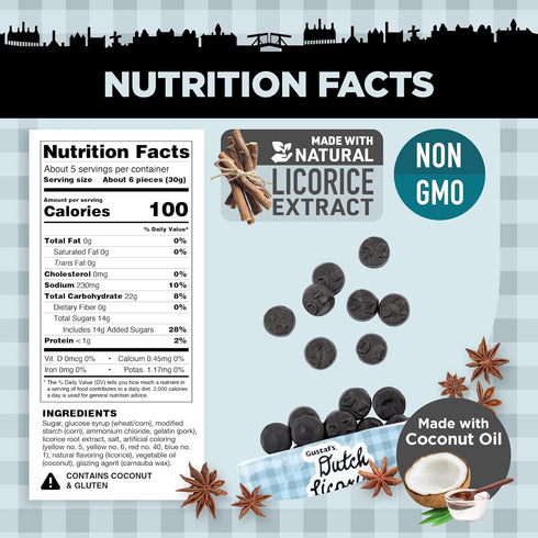 Gustaf's Dutch Licorice Double Salt Coins, 5.2oz Bag of Salted Black Licorice Treats