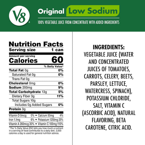 V8 100% 11.5 oz (24 Pack) Low Sodium Original Vegetable Juice, fl Can