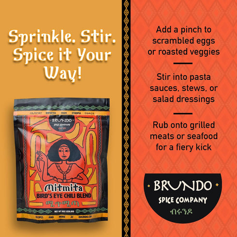 Brundo Ethiopian Spice Company Mitmita - Authentic Ethiopian Spice Blend with Bird's Eye Chili Pepper (8 oz)