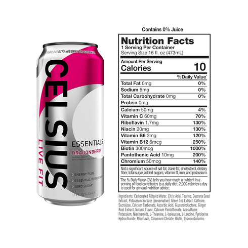 16 Oz (Pack 12) CELSIUS ESSENTIALS Sparkling Dragonberry, Sugar Free Performance Energy Drink, Fl