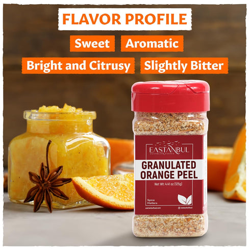4.41oz, Eastanbul Granulated Orange Peel, Dried Orange Peel for Baking, Cooking, Marinades, and Rubs, Perfect for Tea