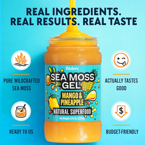 8oz Biolore Sea Moss Gel Mango Pineapple Flavored Superfood with Natural Electrolytes Wildcrafted Mango Jam Sea Moss