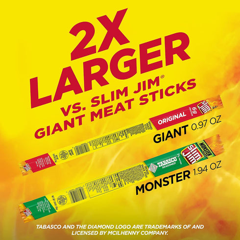 1.94 oz. (18 Count) Slim Jim Monster Smoked Meat Sticks, Tabasco Flavor, High Protein