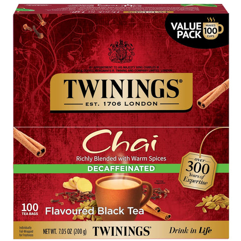 Twinings Decaffeinated Chai Individually Wrapped Bags, 100 Count (Pack of 1), Sweet,