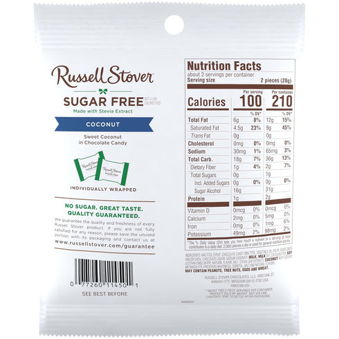 2 oz. (Pack 10) RUSSELL STOVER Sugar Free Coconut in Chocolate Candy, bag