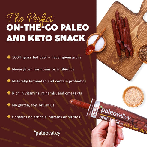 100% Summer Paleovalley Grass Fed Sausage Beef Sticks - Delicious Gluten Free Beef Snack - High Protein Keto Friendly