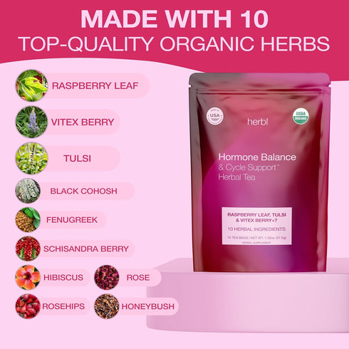 Organic Hormone Balance Tea for Women Raspberry Leaf, Vitex & Tulsi Herbal Hormone Balance Tea for PMS, PCOS