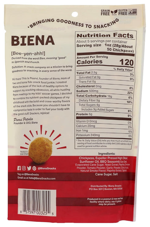 5 Pack BIENA Chickpea Snacks - Crunchy Roasted Chickpeas - High Fiber Vegan Protein Snacks for Adults and Kids - Ounce